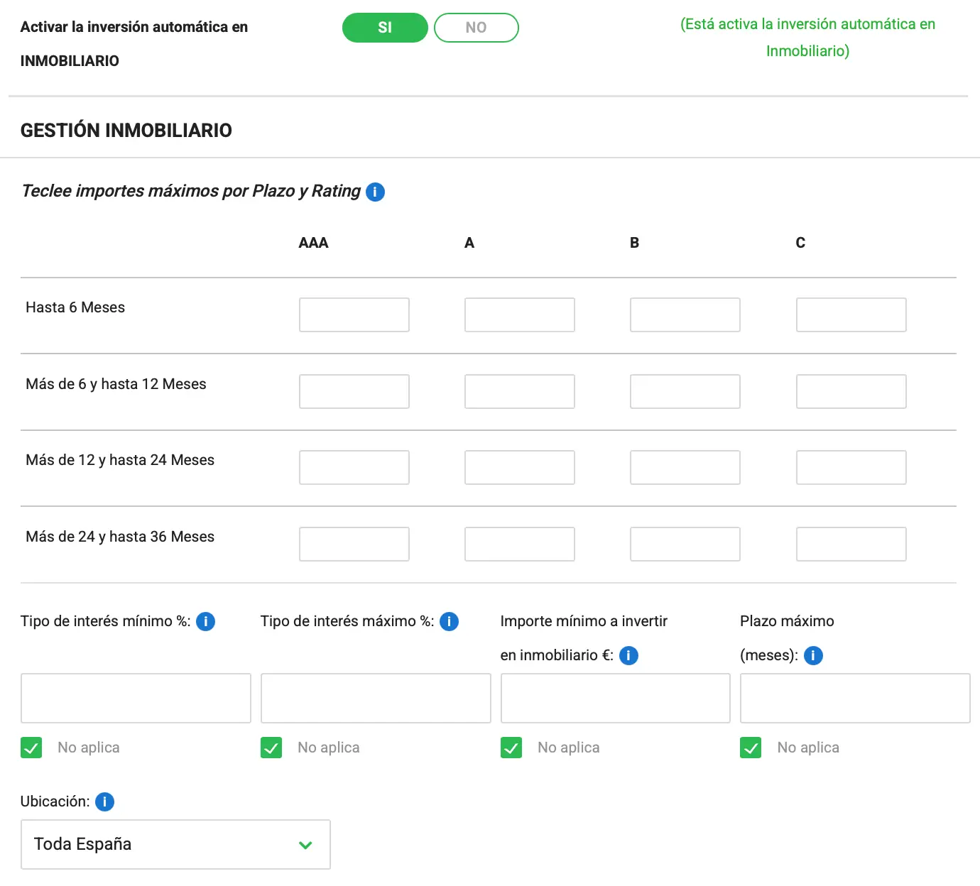 Configuración de gestión inmobiliaria: importes máximos por plazo y rating